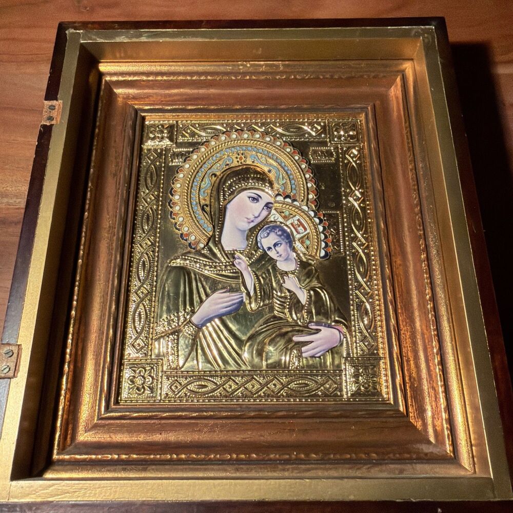 Vintage Greek Orthodox Icon Virgin Mary & Child Jesus Riza Oklad Enamel
